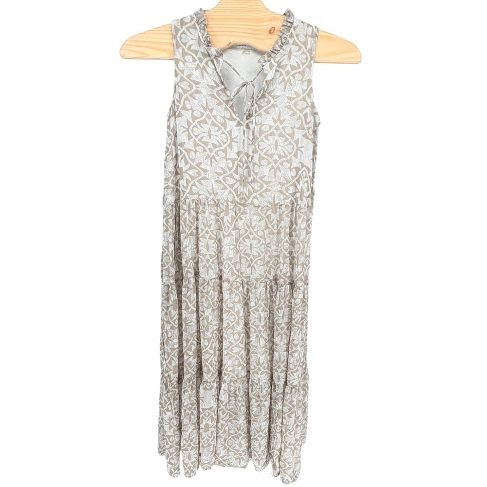 Calvin Klein Tiered Maxi Dress 8 Tan White Geometric Ruffle Tie Neck Sleeveless